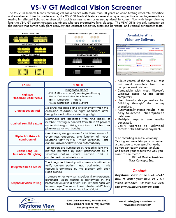 Keystone VS-V GT Medical Vision Screener product sheet
