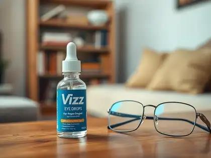 Vizz eye drops next to a pair of glasses