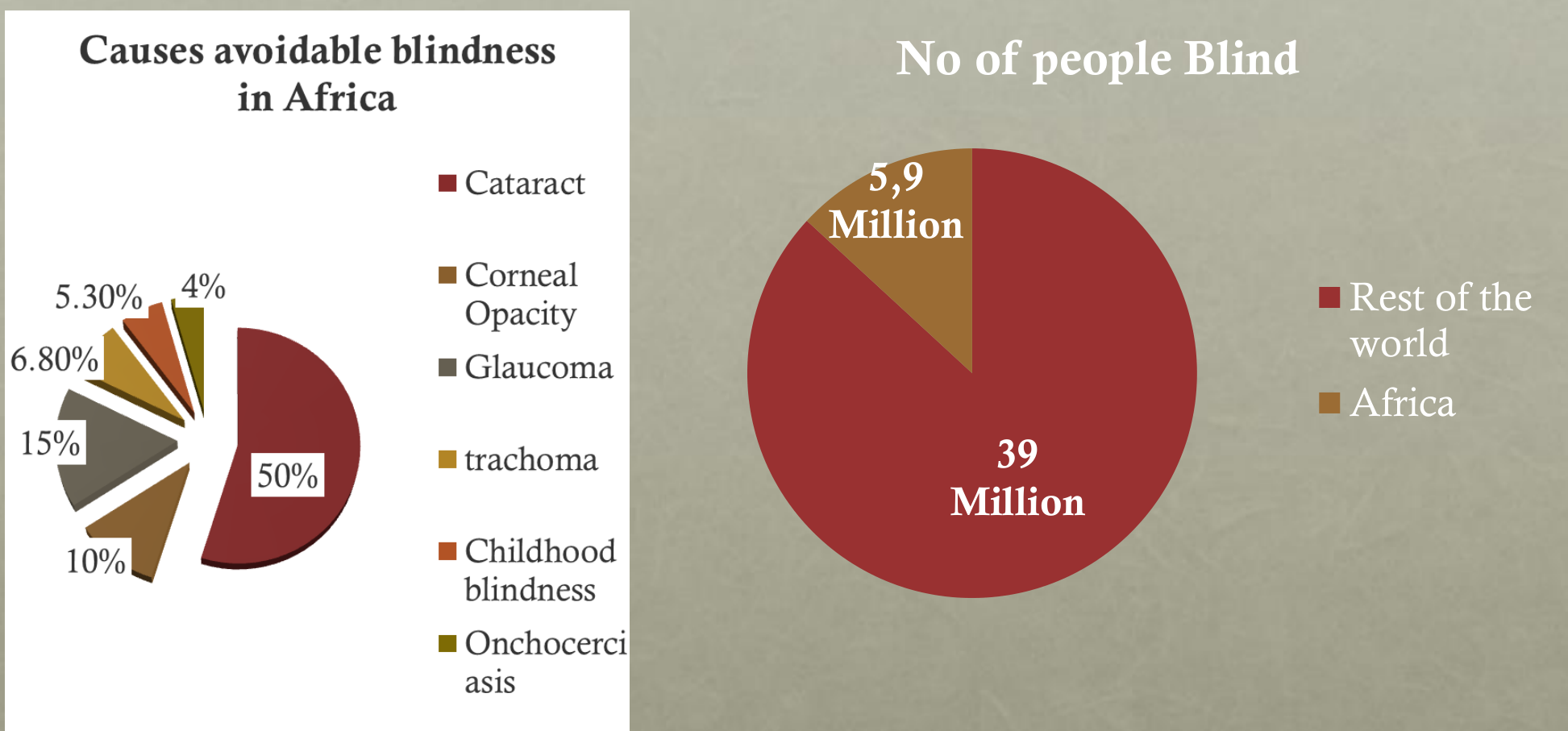 Pie charts - causes of avoidable blindness in Africa and number of people blind, Africa vs rest of the world