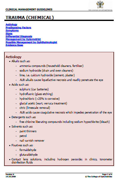 Clinical Management Guidelines - Trauma (chemical), page 1