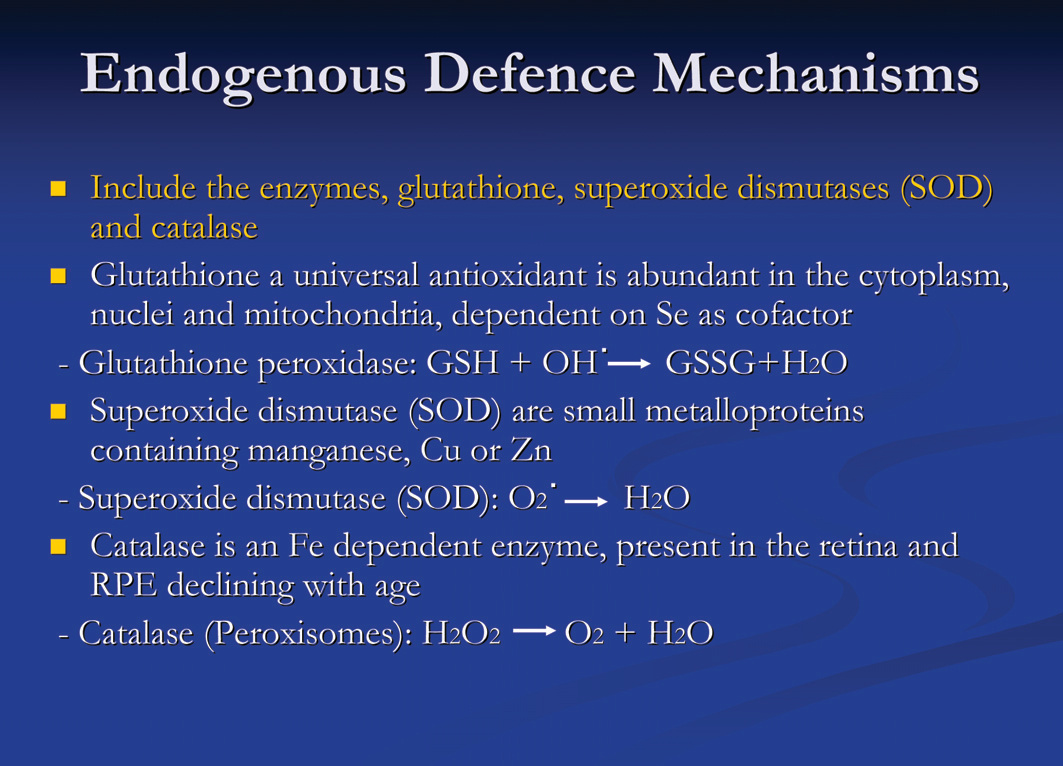 Slide listing endogenous defence mechanisms: glutathione peroxidase, superoxide dismutase and catalase