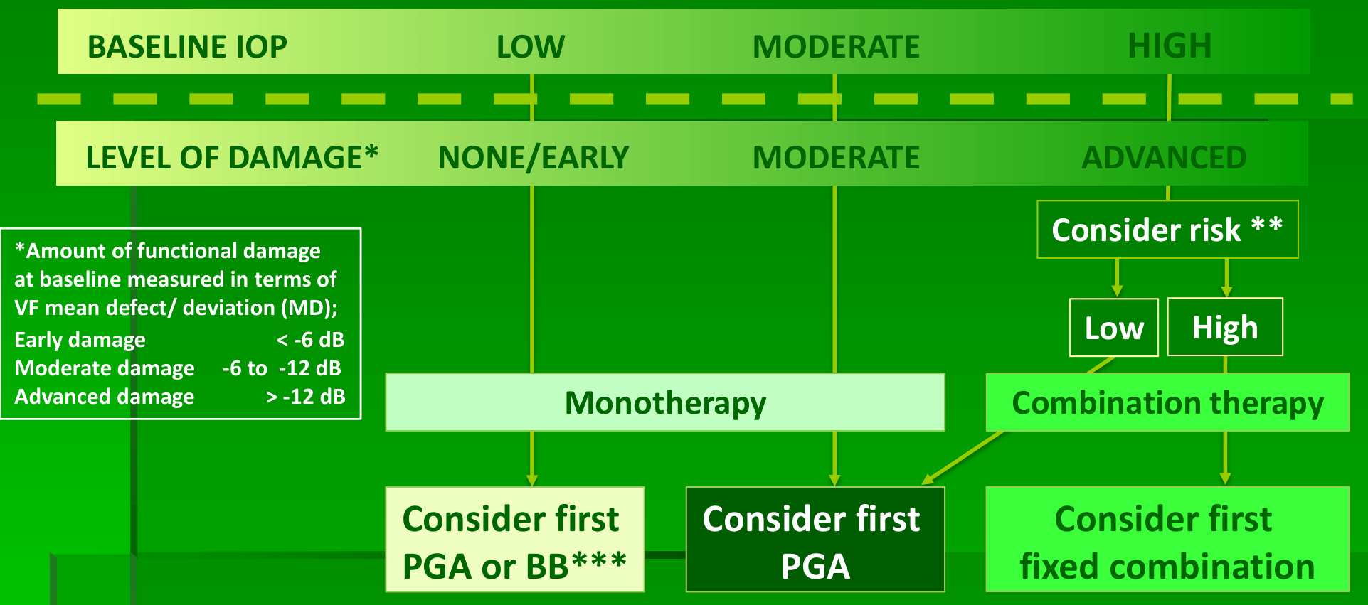 Chart of first-choice treatment by baseline IOP and level of damage: monotherapy or combination therapy