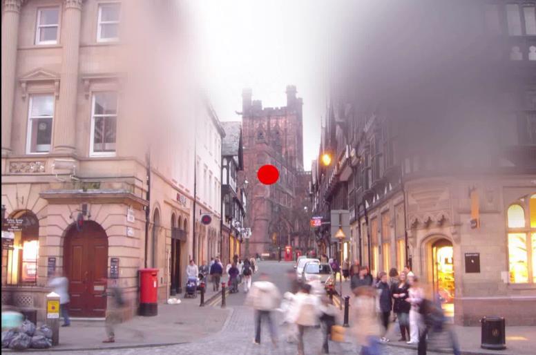 Street scene simulating glaucomatous field loss as blurred and faded areas rather than black patches