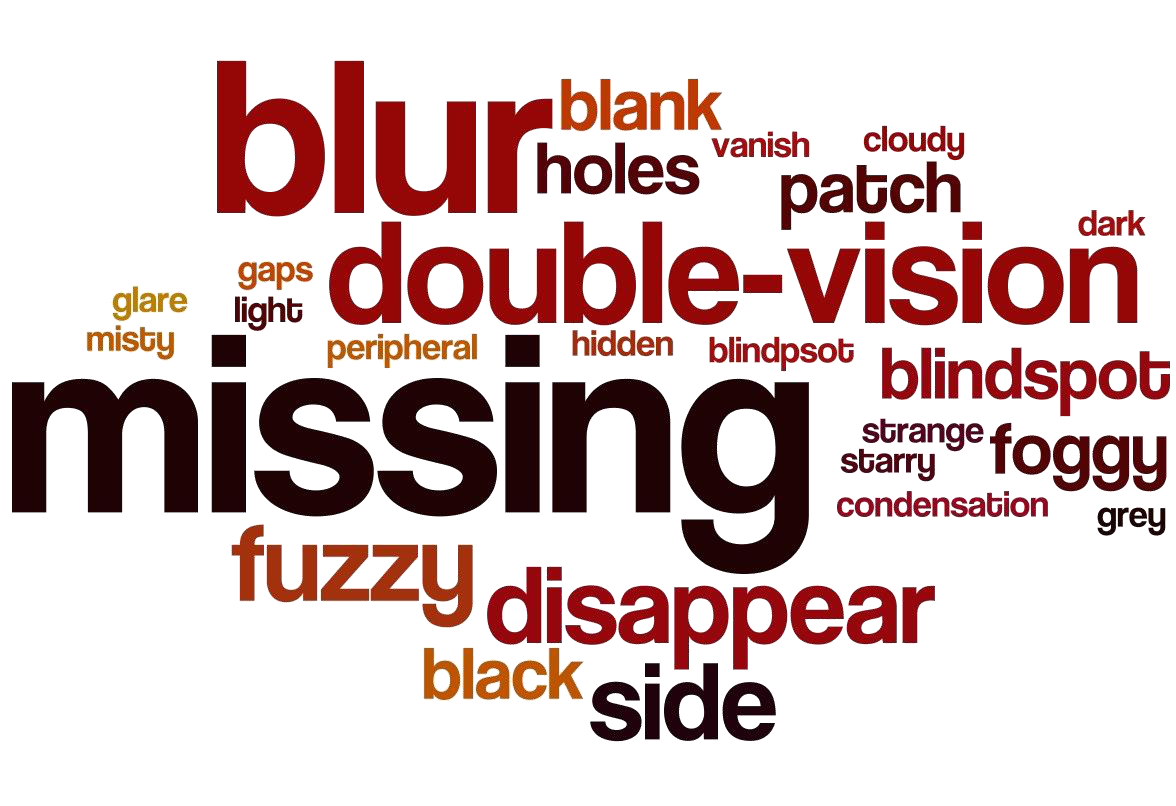 Word cloud of how patients describe their vision loss, led by missing, blur and double-vision