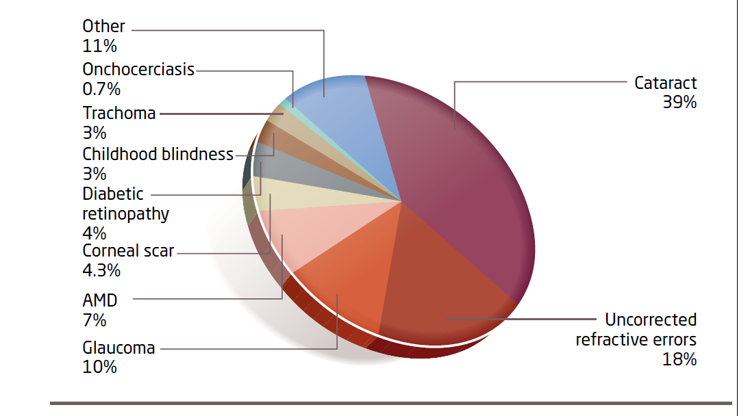 Pie chart of global causes of blindness - cataract 39%, uncorrected refractive errors 18%, glaucoma 10%