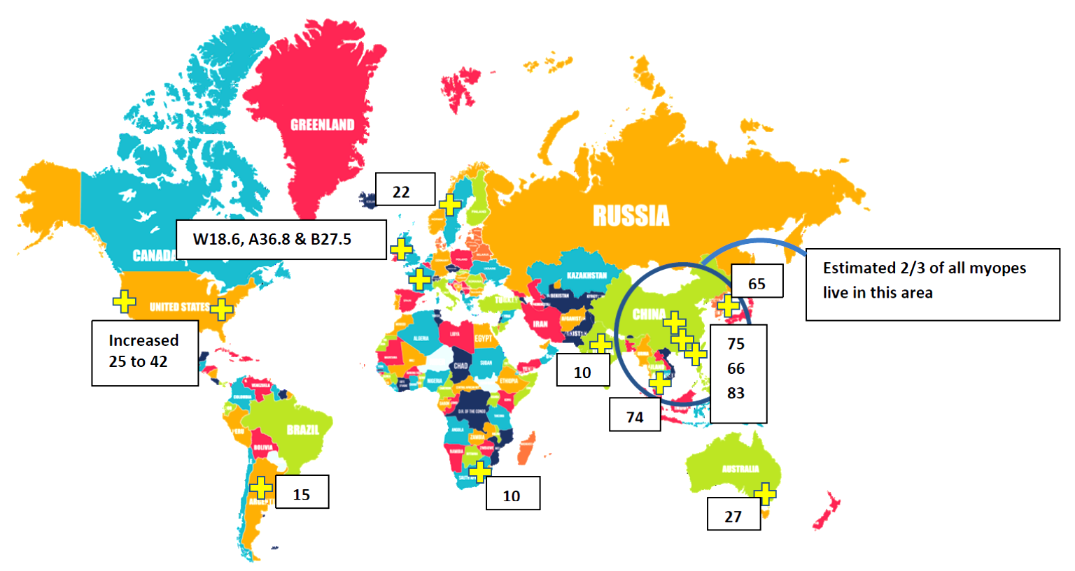 World map with the percentage prevalence of myopia by region; an estimated two thirds of all myopes live in East Asia