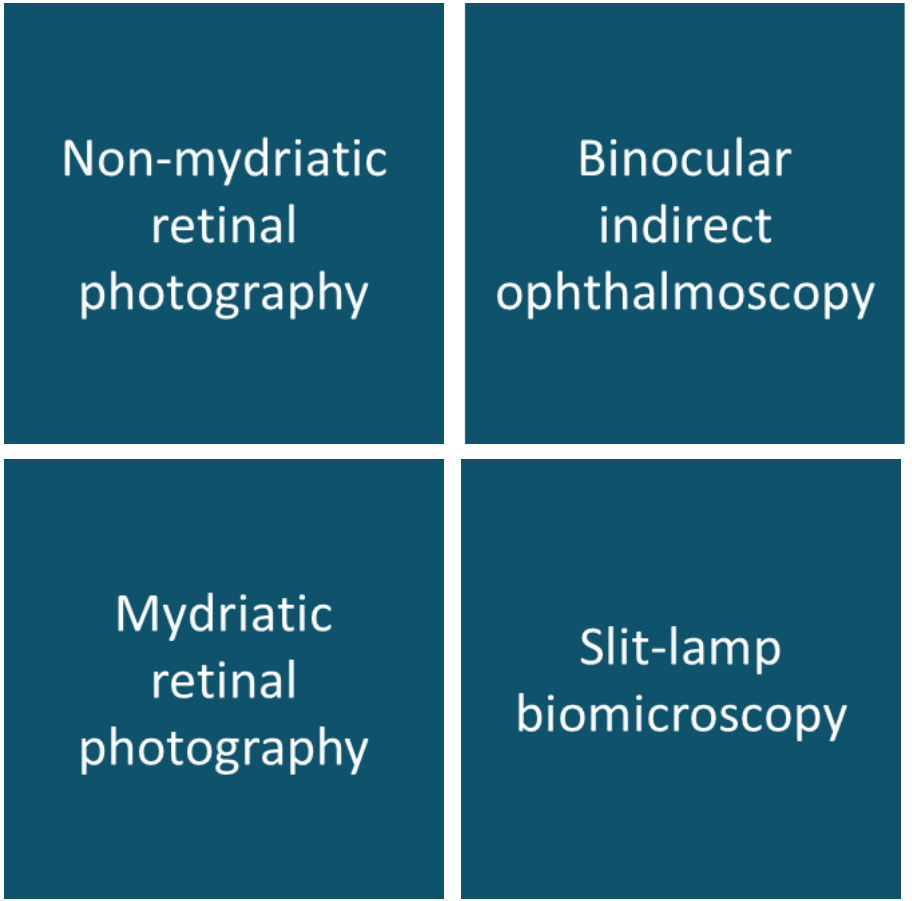 Retinal examination methods - non-mydriatic retinal photography, binocular indirect ophthalmoscopy, mydriatic retinal photography, slit-lamp biomicroscopy