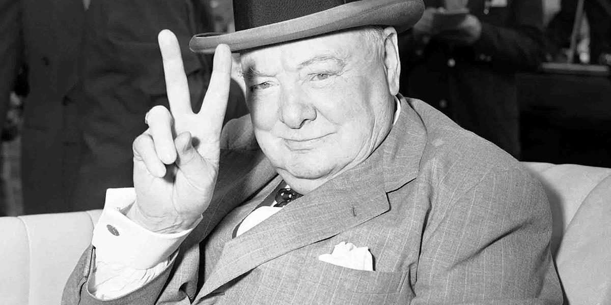 Sir Winston Churchill giving the V sign